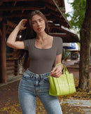 Ribbed Heart Neck Short Sleeve Bodysuits