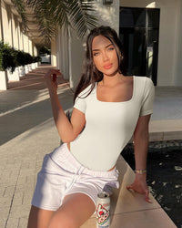 Ribbed Heart Neck Short Sleeve Bodysuits