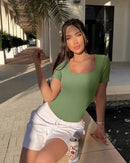 Ribbed Heart Neck Short Sleeve Bodysuits