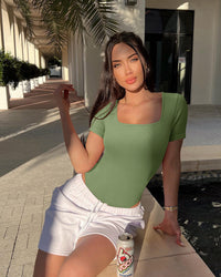 Ribbed Heart Neck Short Sleeve Bodysuits
