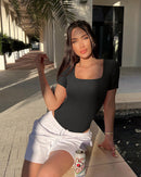 Ribbed Heart Neck Short Sleeve Bodysuits