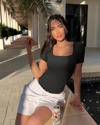 Ribbed Heart Neck Short Sleeve Bodysuits
