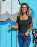 Ribbed Heart Neck Short Sleeve Bodysuits