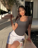 Ribbed Heart Neck Short Sleeve Bodysuits