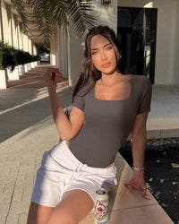Ribbed Heart Neck Short Sleeve Bodysuits